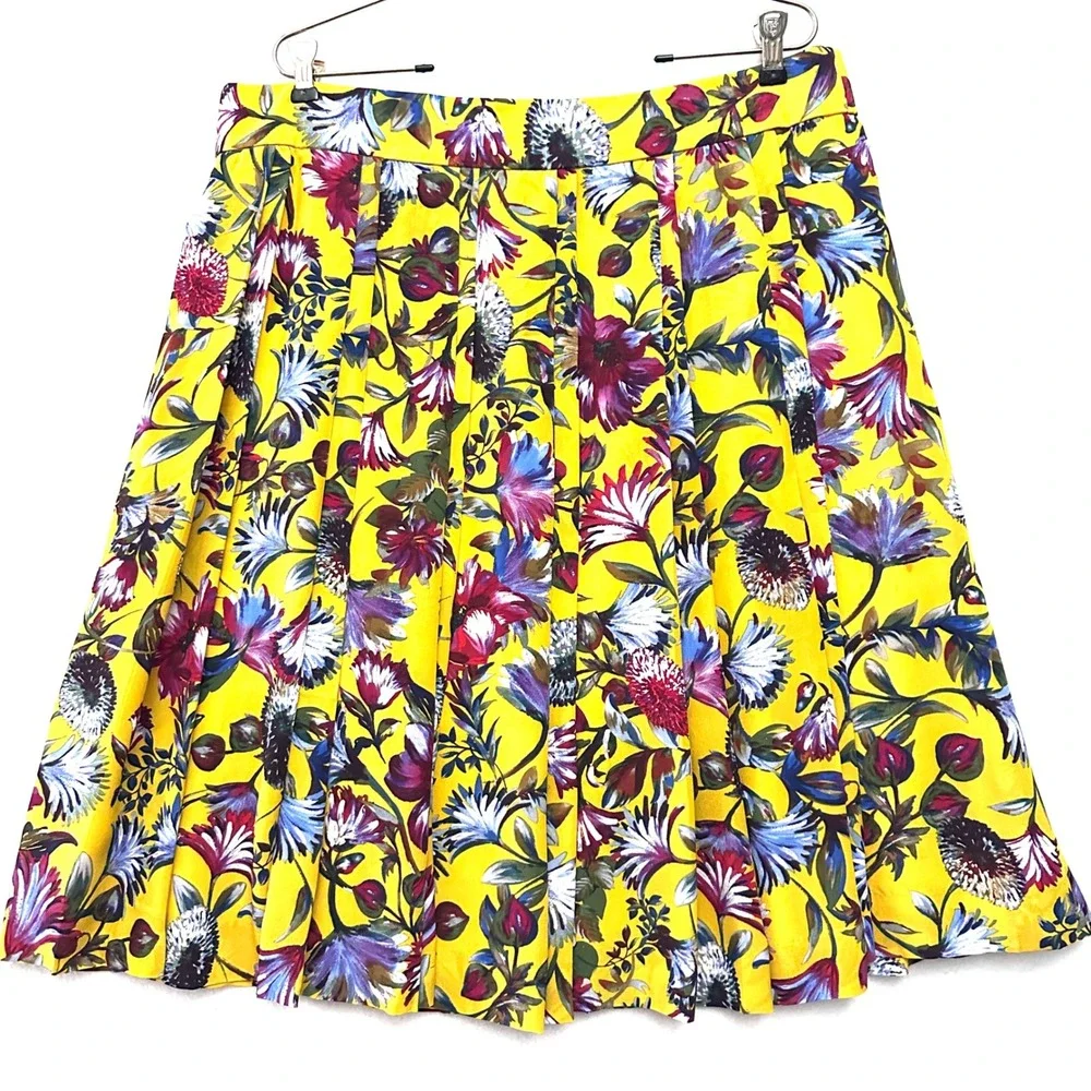 J.Crew Sz 16 Yellow Floral 100% Silk Double Pleated Midi Skirt K2124